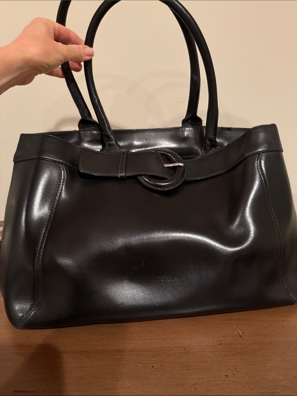 Furla Classic Black Leather Tote with Buckle Detail - Picture 2 of 16